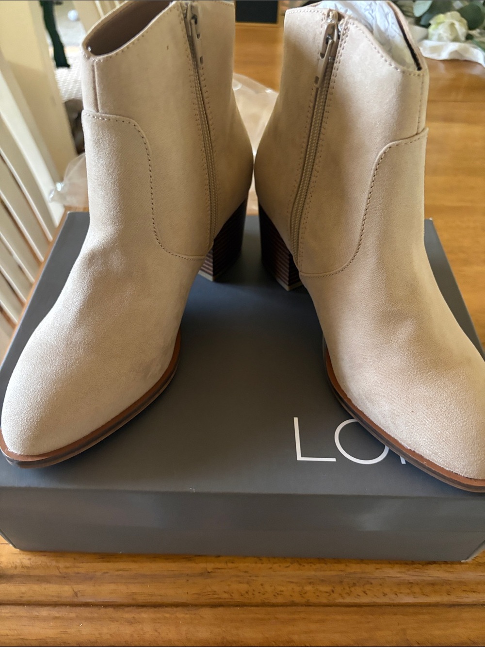 LOFT Light Beige Suede Ankle Booties with Stacked Heel